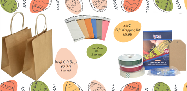 Kraft Gift Bags £2.20 4 per pack.
Tissue Paper 40p 3 per pack.
Stix2 Gift Wrapping Kit £9.99